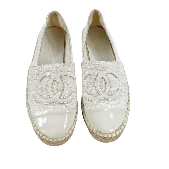 Chanel Tweed Sequin Logo Cap Toe Espadrilles Cream Size EU37 - Picture 2 of 16